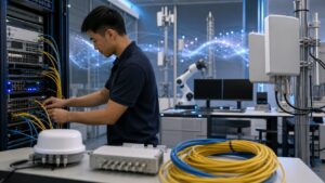 Telecom lab with unbranded antennas fiber cables and AI-style analysis workstation