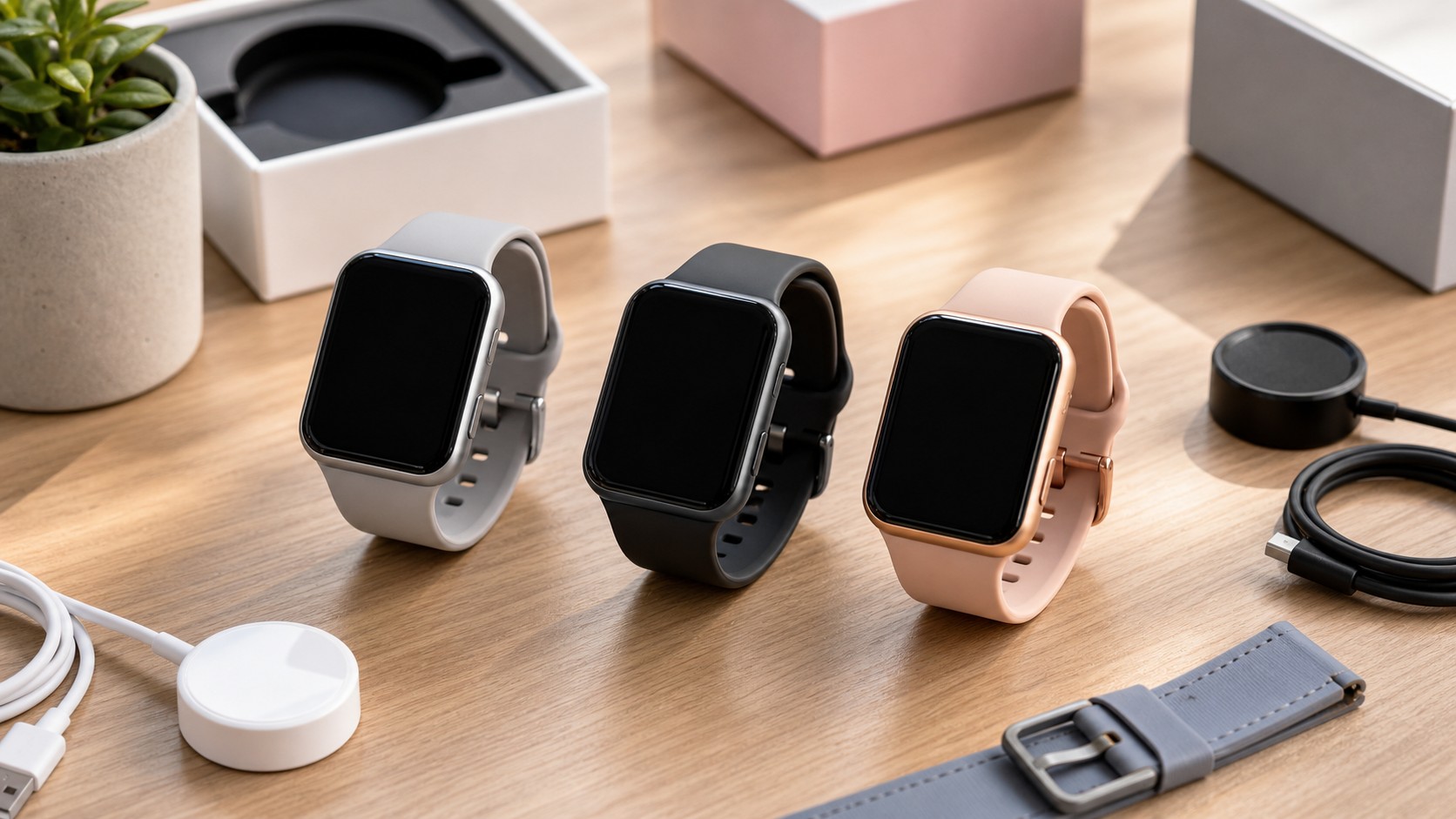 Affordable unbranded smartwatches arranged on a polished retail-style tabletop