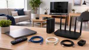 Unbranded home router and modem arranged in a bright living room home office