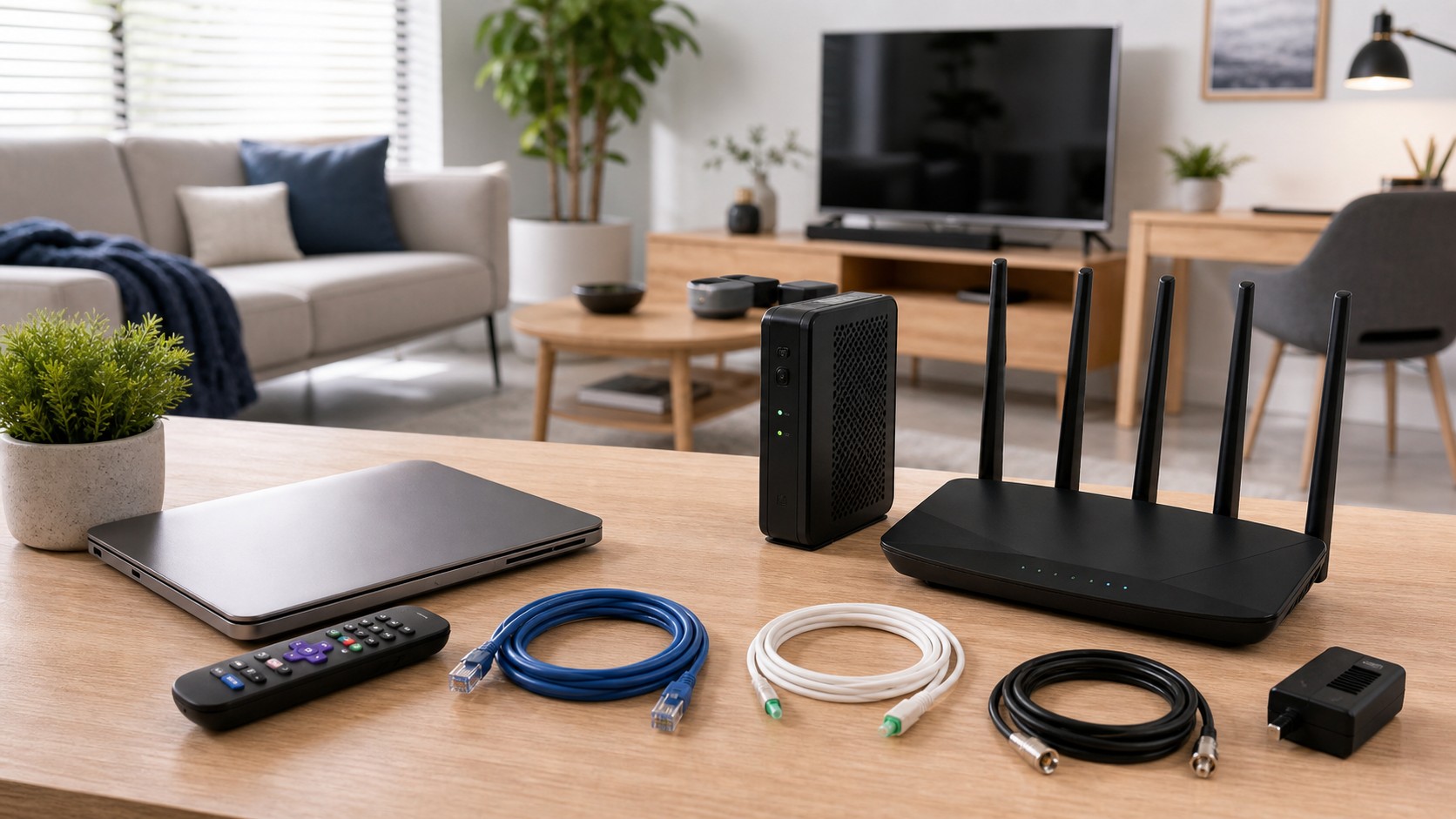 Unbranded home router and modem arranged in a bright living room home office