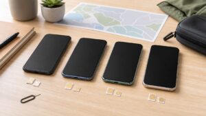 Unbranded smartphones and SIM cards arranged for mobile carrier comparison