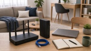 Budget-friendly unbranded home internet setup with router modem and blank notebook