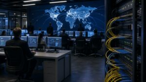 Modern network operations room with fiber equipment and abstract global connectivity lighting