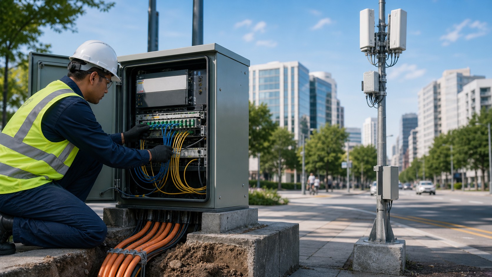 Urban fiber cabinet and small cell equipment supporting mobile connectivity on a clean city street