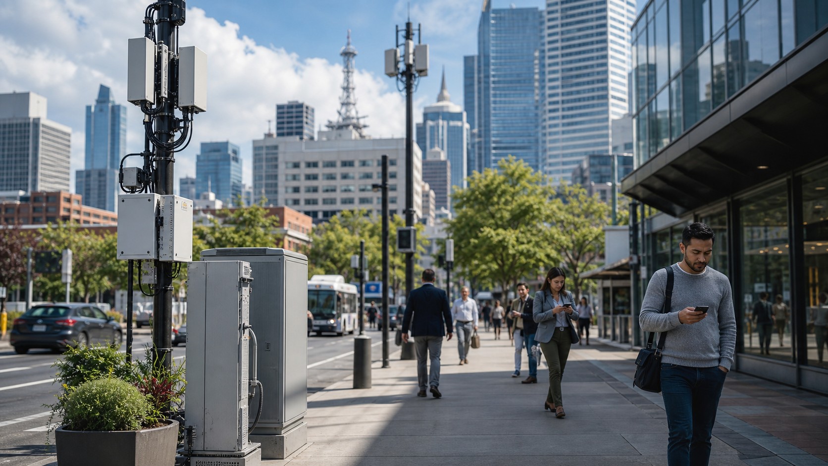Urban street with unbranded 5G small-cell infrastructure and integrated telecom equipment