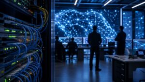 Telecom operations center with AI-style monitoring lights and fiber network equipment