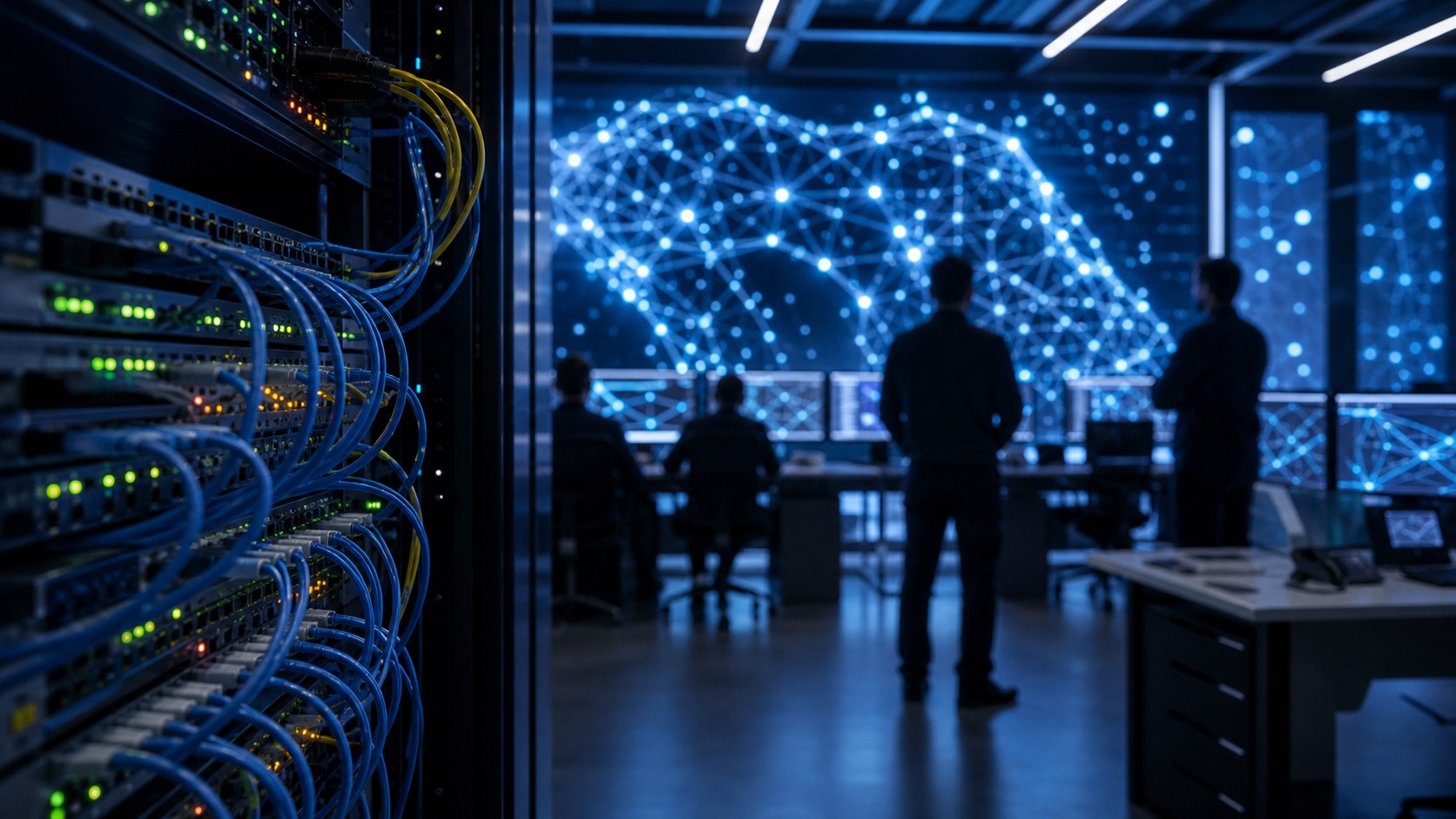 Telecom operations center with AI-style monitoring lights and fiber network equipment