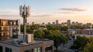 Modern cellular tower integrated into an urban and suburban skyline at sunset