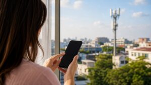 Modern smartphone by a window with a distant cellular antenna visible outside and no readable screen text