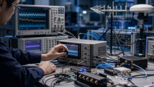 Electronics lab with unbranded signal test equipment antennas and fiber cords