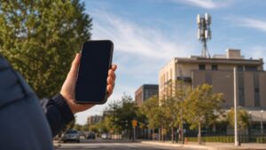 Person holding an unbranded smartphone with a distant cellular antenna in a city setting