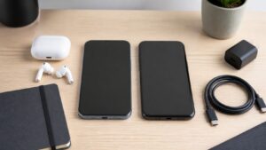 Two unbranded modern smartphones on a neutral tech desk with blank screens