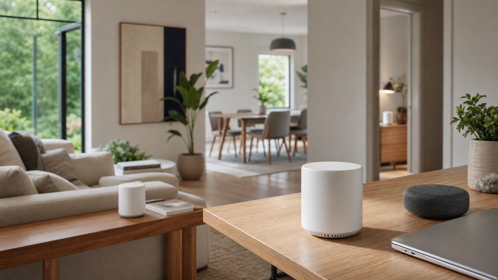 Modern living room with several small unbranded mesh Wi-Fi nodes placed through an open home