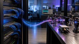 Conventional network cables and quantum photonics equipment connected by glowing fiber strands