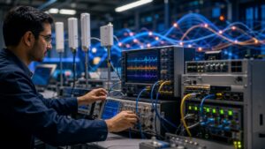 Telecom lab with unbranded live signal processing equipment and antennas