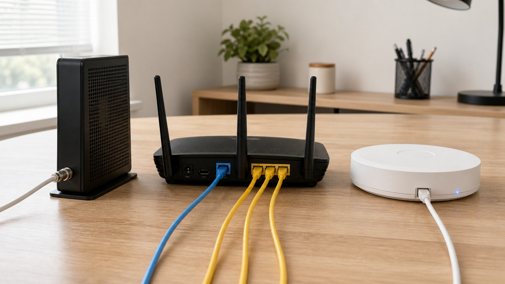 Clean desk with three unbranded home networking devices arranged as modem router and access point