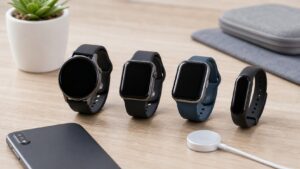 Unbranded smartwatches and fitness band arranged on a bright comparison tabletop