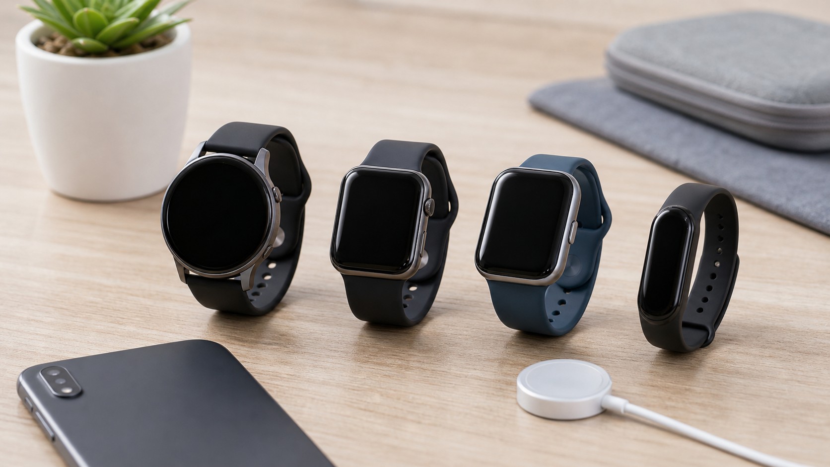 Unbranded smartwatches and fitness band arranged on a bright comparison tabletop
