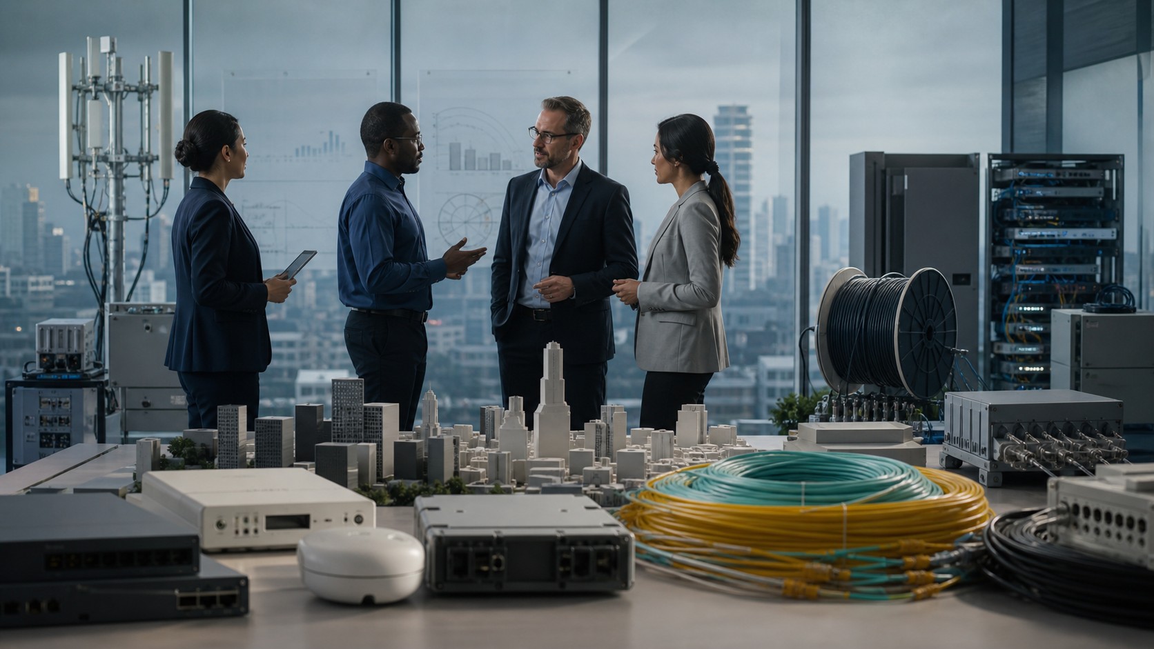 Telecom planning room with fiber equipment and blank strategic planning materials
