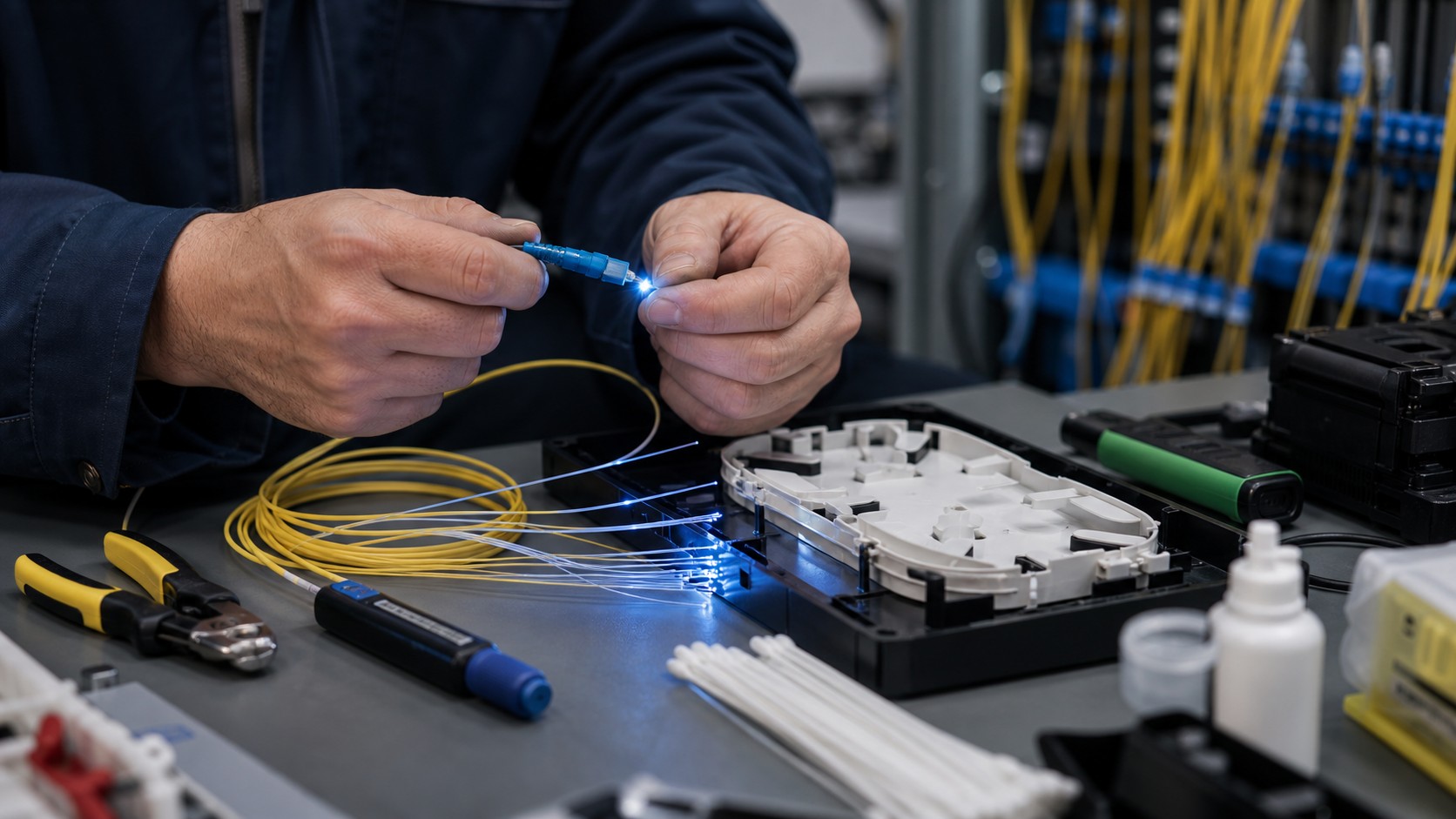 Technician hands inspecting fiber optic connector and splice tools in a workshop