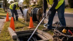 Telecom field crew installing fiber conduit near a suburban utility handhole