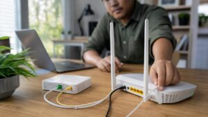 Home fiber router and optical network equipment being checked in a bright office