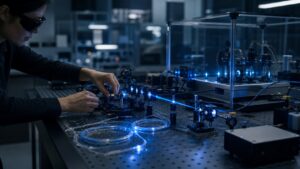 Researcher hands adjusting optical fiber equipment in a realistic photonics lab