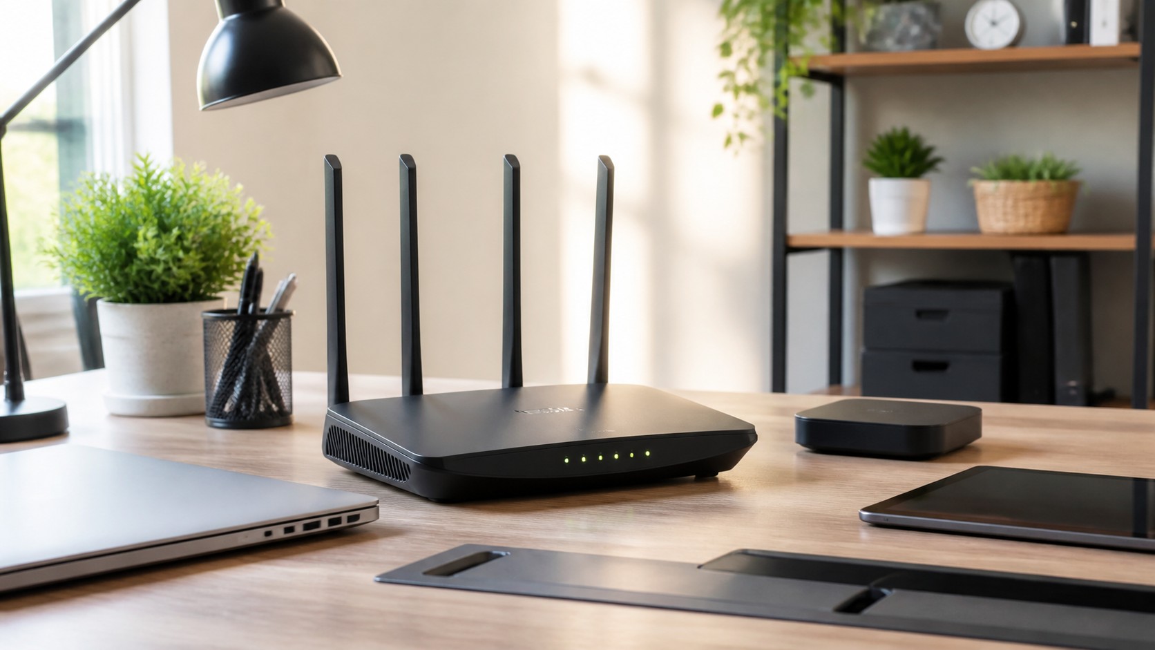 Unbranded Wi-Fi router on a clean home office desk with everyday connected devices