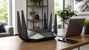 Modern unbranded Wi-Fi 6E router on a home office desk with laptop and phone nearby