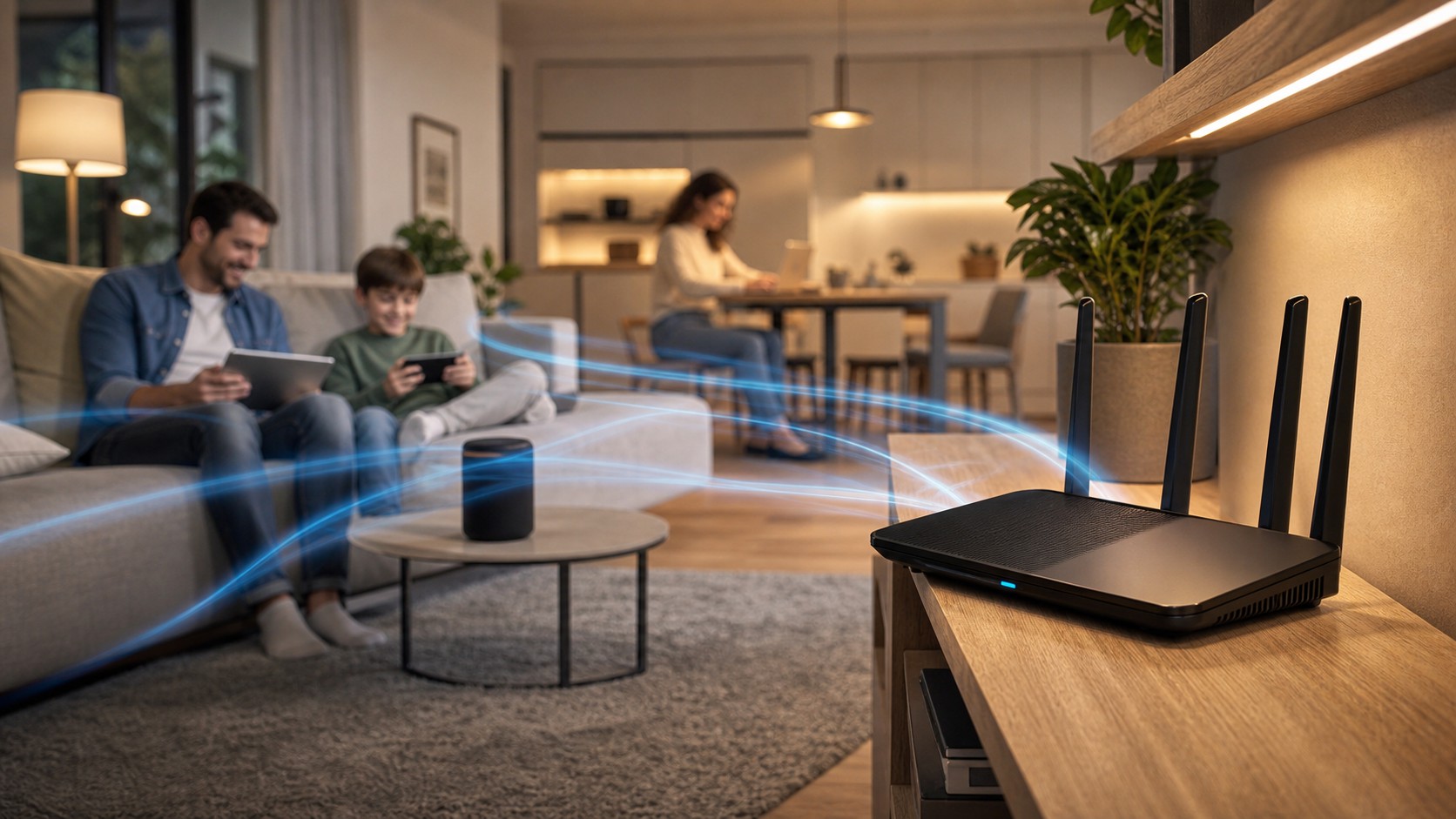Modern unbranded Wi-Fi router in a bright living room with connected home devices