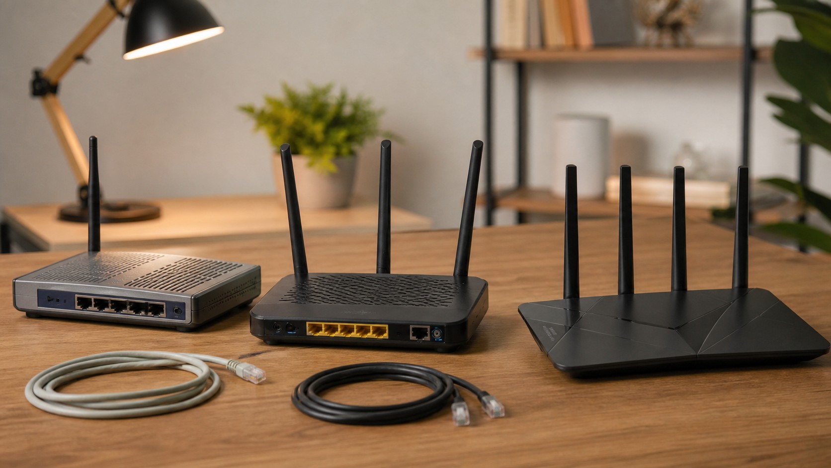 Three unbranded wireless routers from different eras arranged on a tabletop