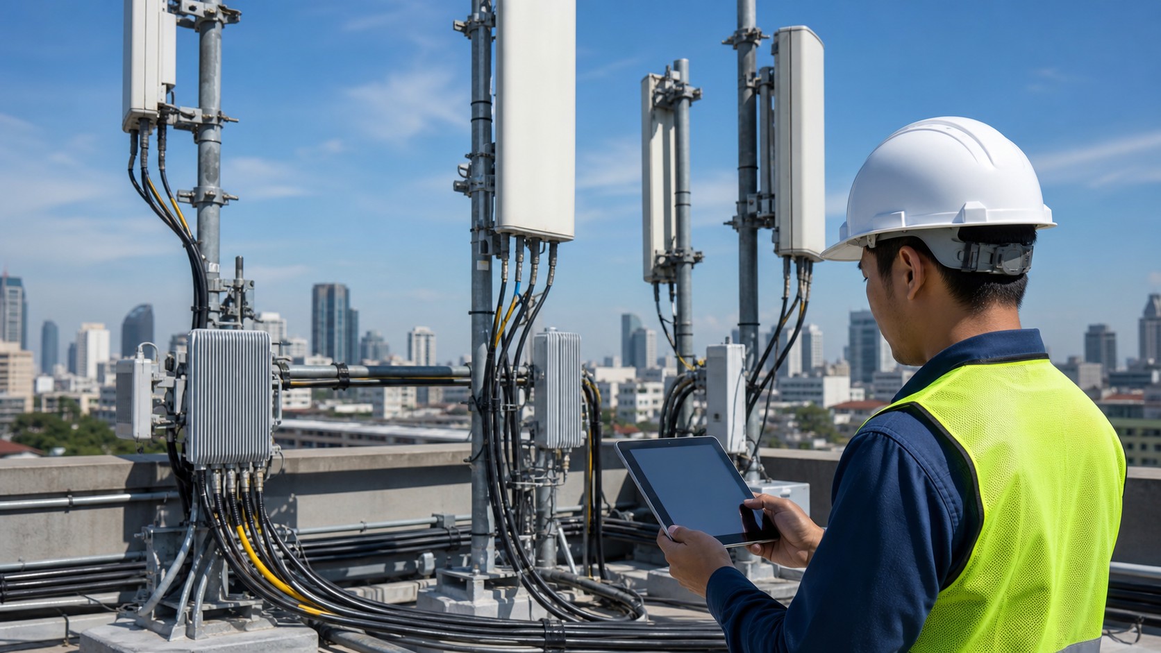 Technician inspecting unbranded rooftop 5G antennas and radio equipment with city skyline