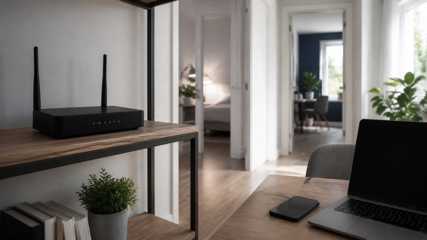 Home router on a shelf with hallway rooms and nearby blank-screen devices