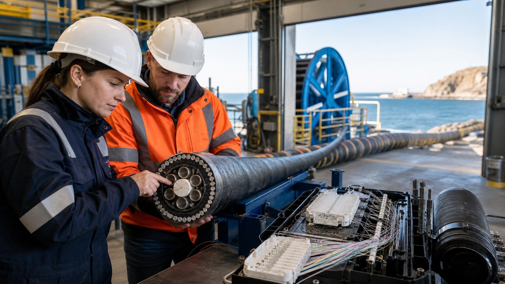 Technicians inspecting a submarine fiber cable cross-section and splice equipment at a coastal landing station