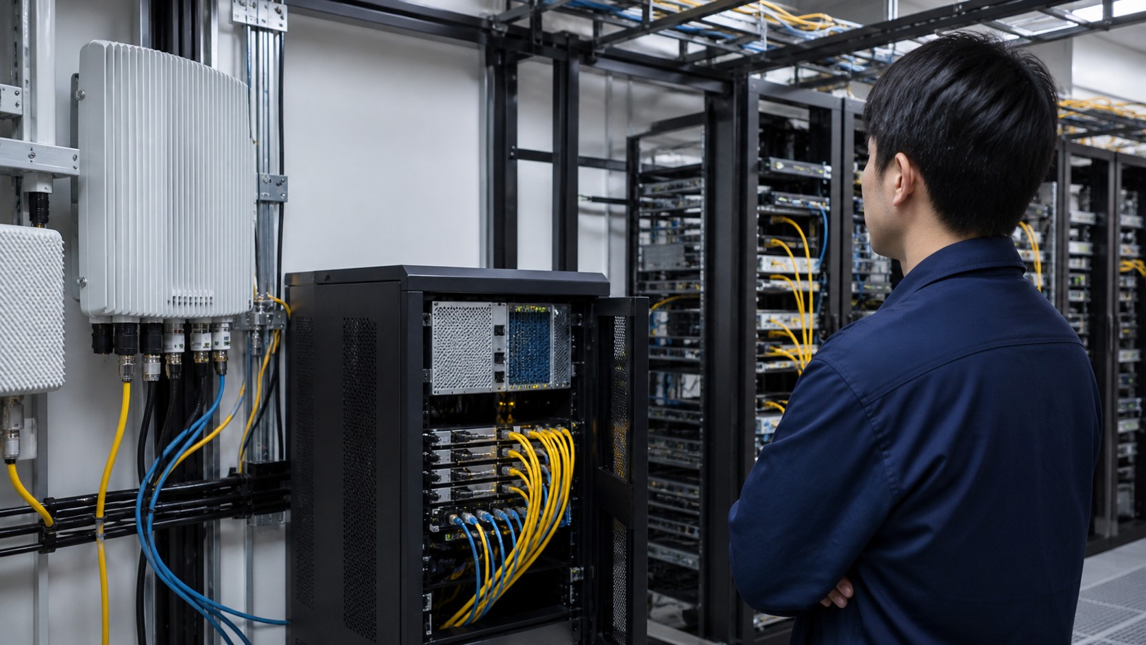 Technician viewing unbranded 5G radio and edge server equipment in a network facility