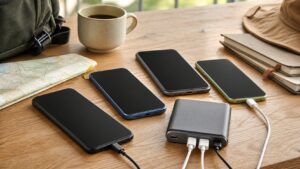 Unbranded smartphones and power bank on a bright travel desk with charging cables