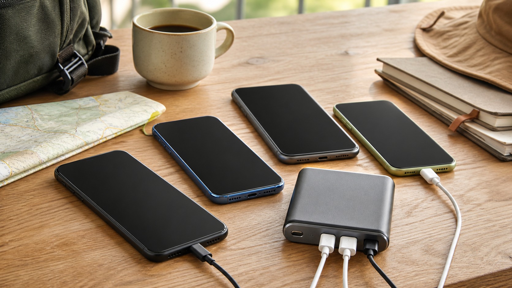 Unbranded smartphones and power bank on a bright travel desk with charging cables