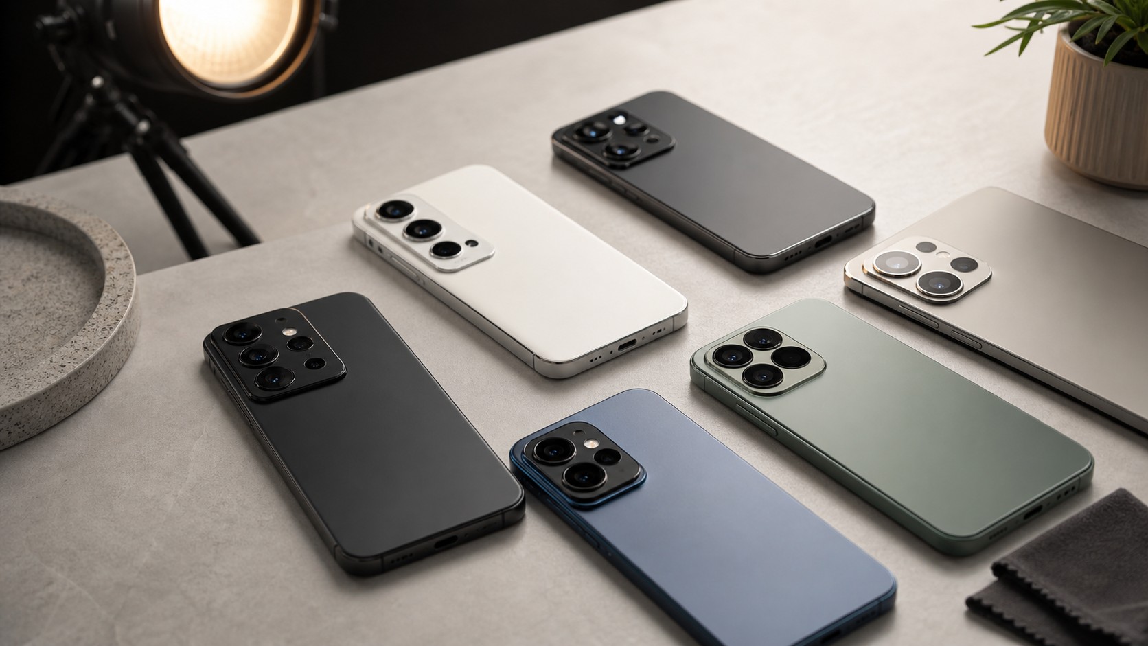 Several unbranded smartphones arranged camera-side up on a studio table with photography lighting