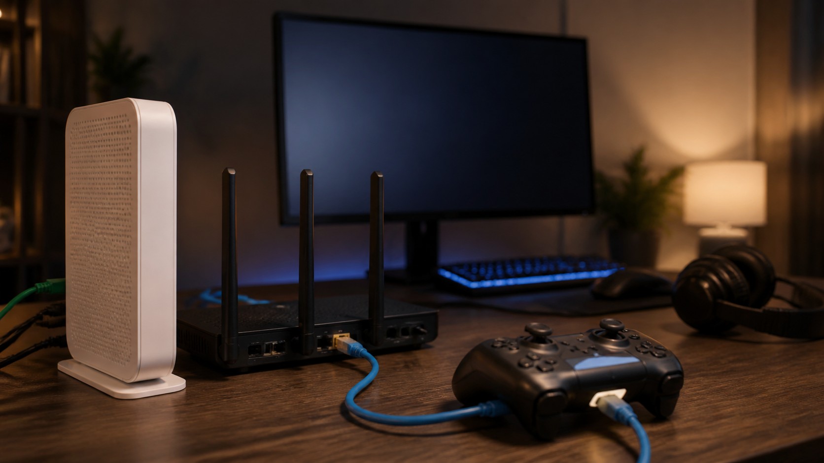 Unbranded router, fiber gateway, Ethernet cable, blank gaming monitor, and controller on a home gaming desk