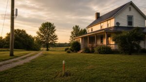 Rural farmhouse with generic satellite dish, fixed wireless receiver, utility pole, and blank fiber marker