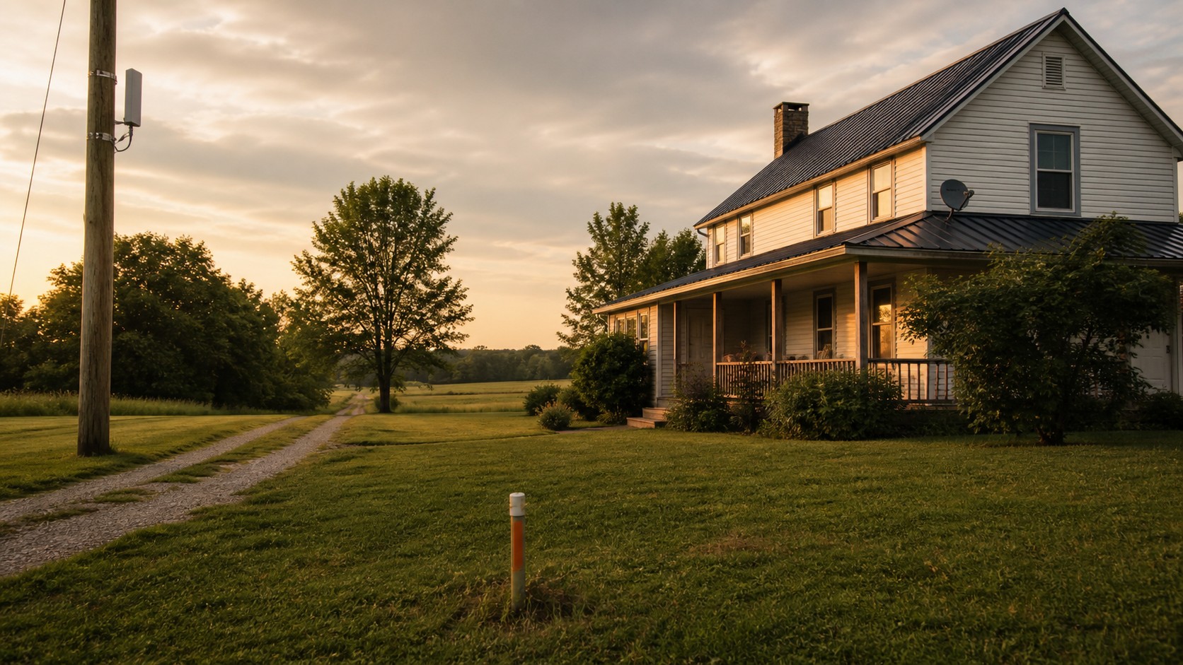 Rural farmhouse with generic satellite dish, fixed wireless receiver, utility pole, and blank fiber marker