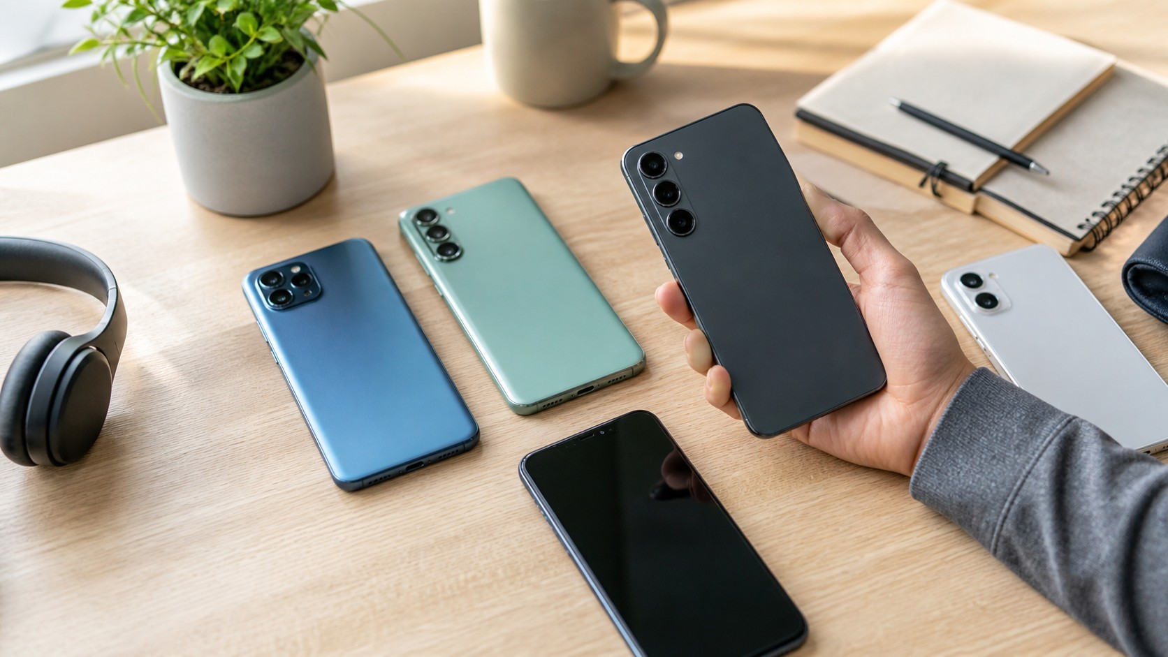 Several unbranded midrange smartphones arranged on a bright desk for budget comparison