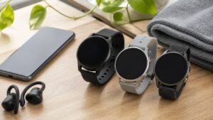 Three unbranded round smartwatches with an Android-style phone and fitness accessories on a desk