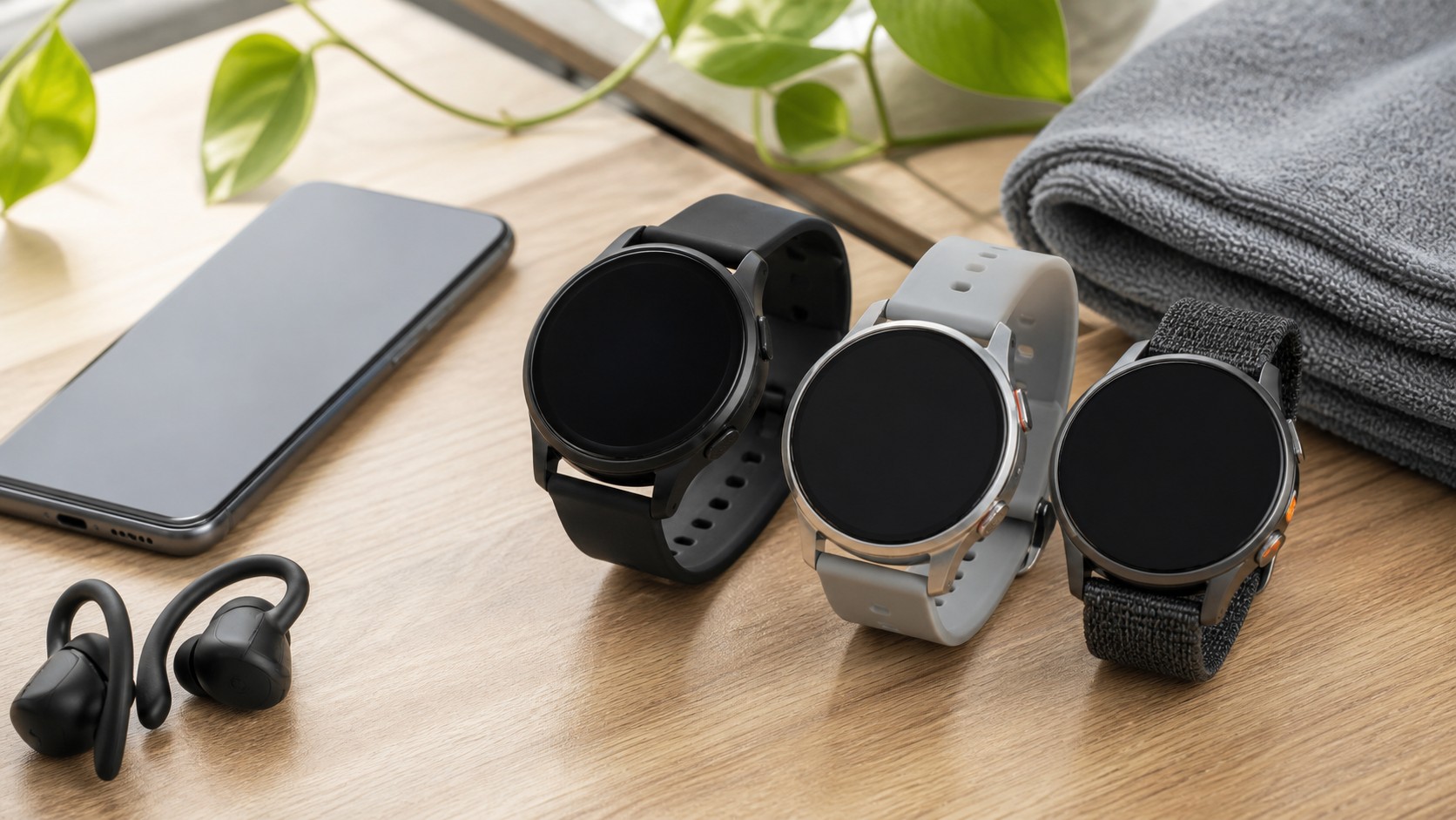 Three unbranded round smartwatches with an Android-style phone and fitness accessories on a desk