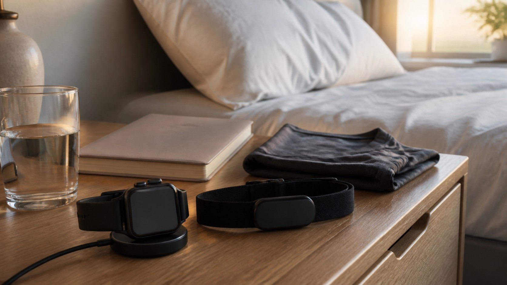 Generic smartwatch charging on a nightstand beside wellness items with blank screen
