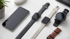 Unbranded rectangular smartwatches, rugged fitness watch, and smartphone with blank screens on a minimalist desk