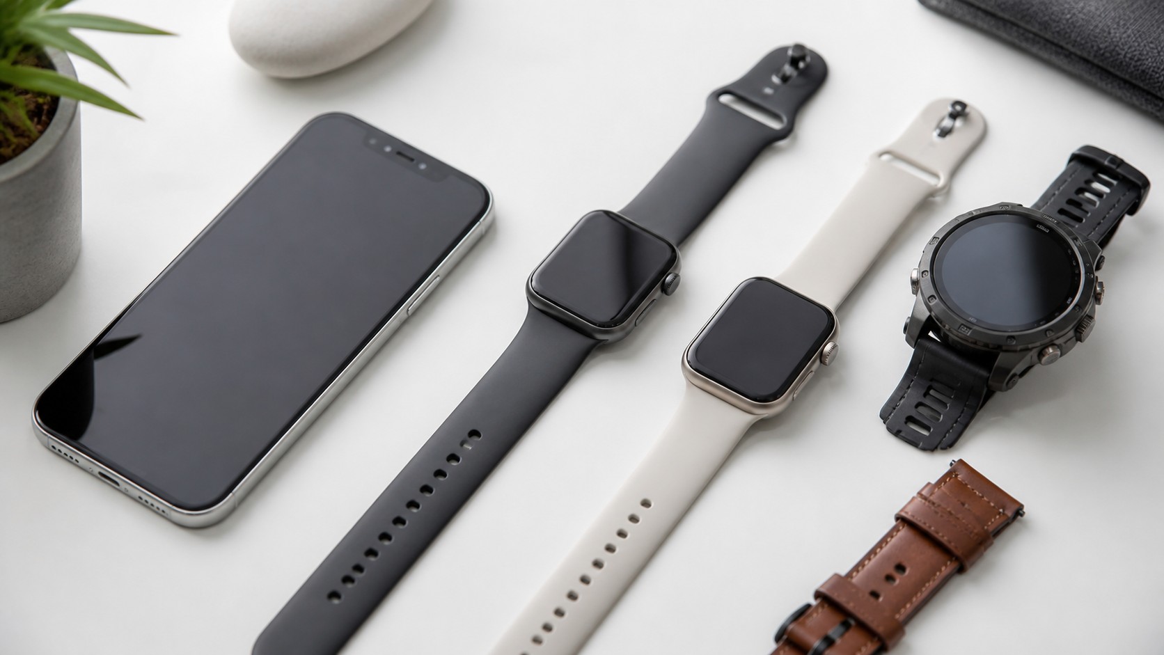 Unbranded rectangular smartwatches, rugged fitness watch, and smartphone with blank screens on a minimalist desk