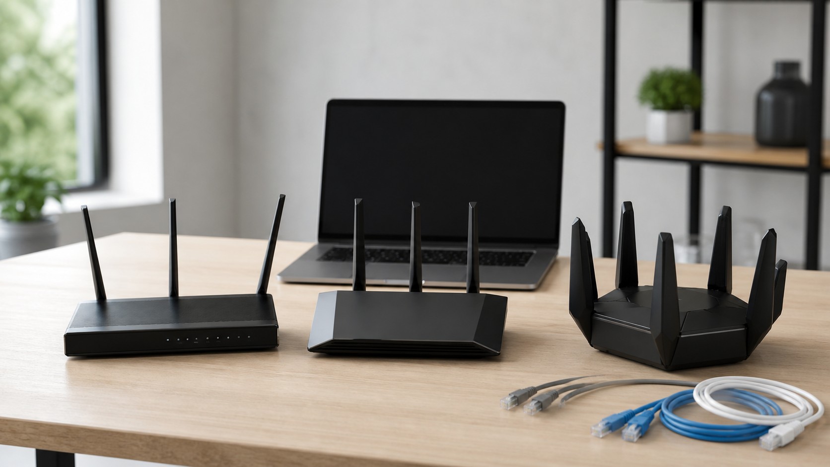 Three unbranded routers from different eras arranged on a clean technology review desk