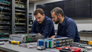Telecom engineers in an unbranded network operations workspace reviewing equipment and field planning.
