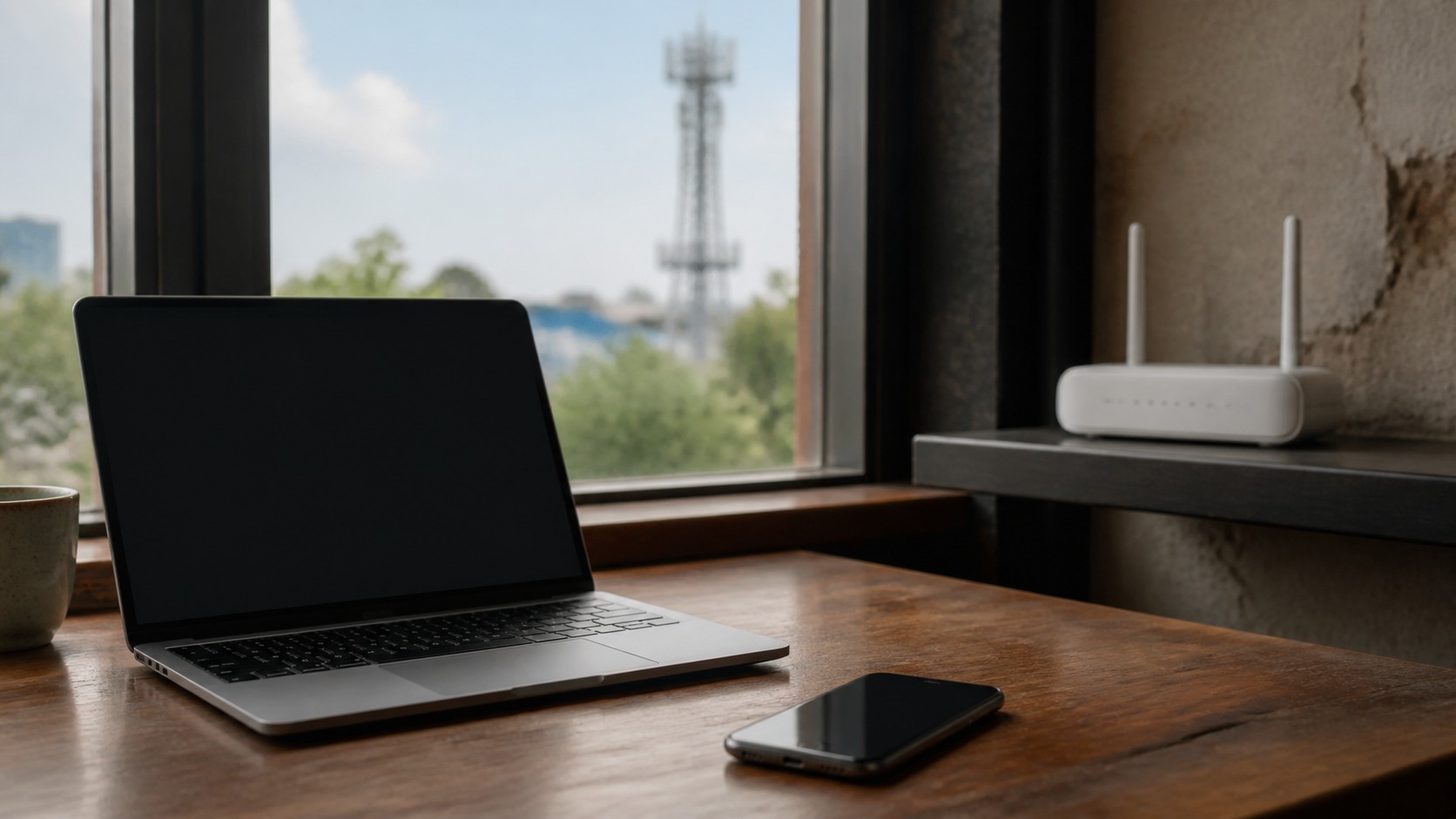 Laptop and smartphone on cafe table with indoor Wi-Fi router and a distant cellular tower visible through a window